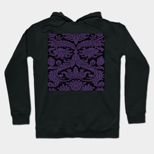 Lilac Purple on Black Gothic Royal Medieval Damask Scrolls Hoodie